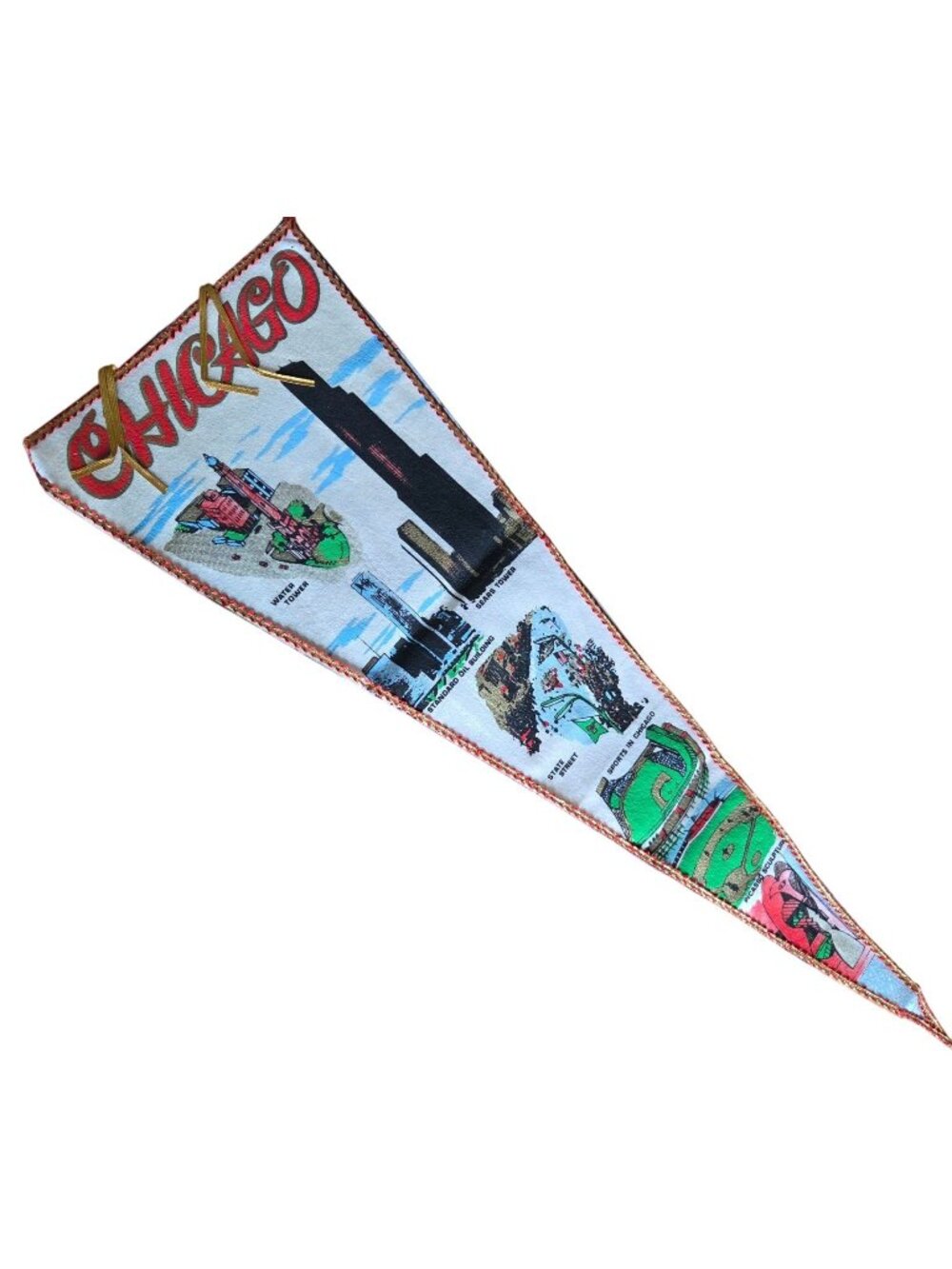 VTG Chicago City Souvenir Felt Pennant Iconic Landmarks Red/Gold Trim retro